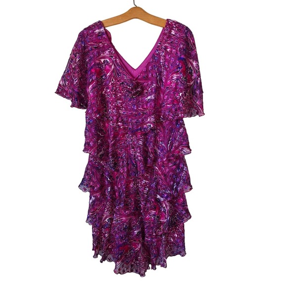 Vintage 70s/80s Hot Pink/Purple Swirl Ruffled Flutter Sleeve Dress Women Size L - Picture 8 of 10